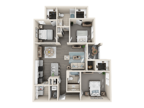 a 3d furnished floor plan of a 3 bedroom apartment